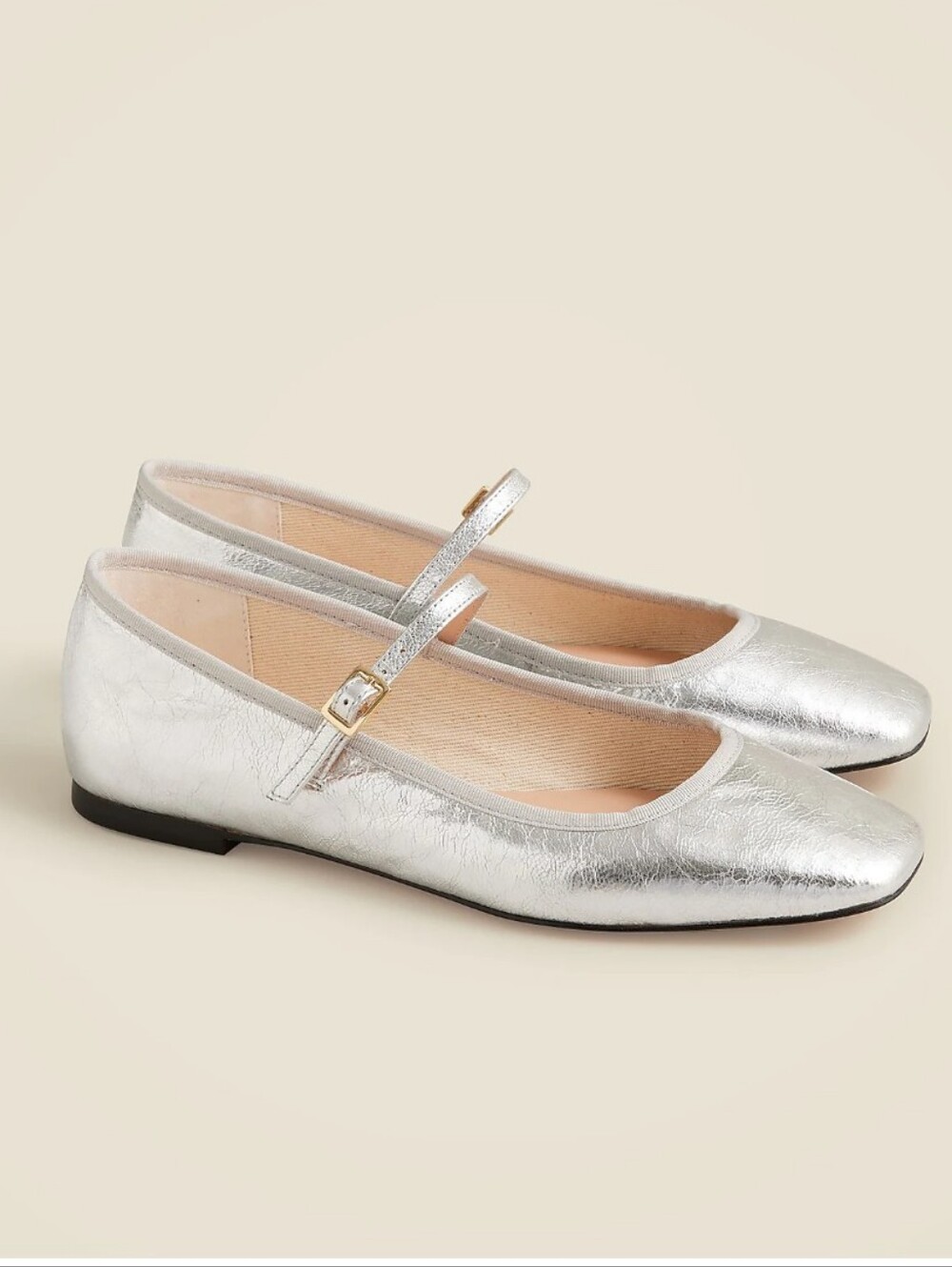 J. Crew Quinn Square-Toe Mary Jane Flats in Silver Crinkle Metallic Leather